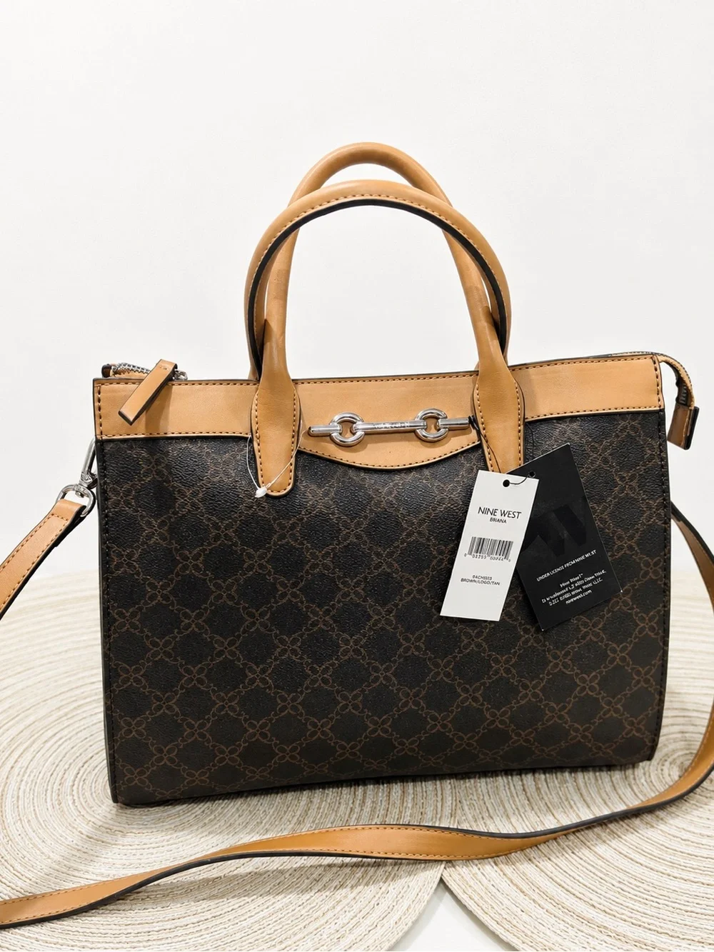 Nine West Brown Monogram Satchel with Tan Trim and Silver Hardware